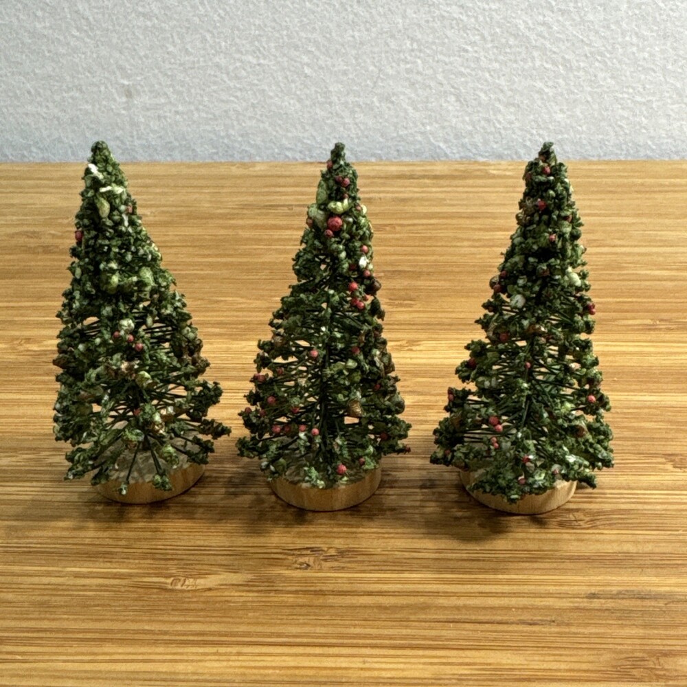 Vtg Lot Of 3 Small Christmas Trees Decoration For Villages Towns Made In Taiwan